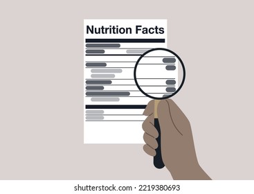 A hand zooming in a nutrition facts label with a magnifying glass, healthy eating