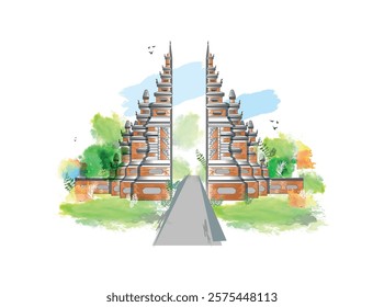 Handara Iconic Gate located in North Bali, Indonesia. The Hindu gate symbolises the entrance from the outer world to the temple. illustration