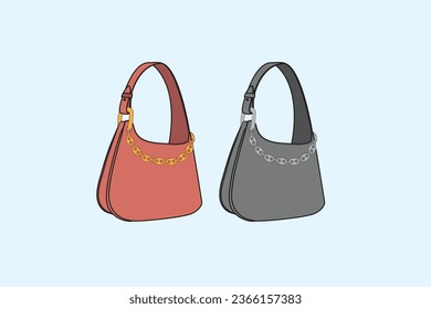 Handbag, a bag typically used by women to hold personal items; Messenger bag, a bag worn over one shoulder with a strap that winds around the chest.