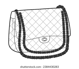 Handbag baguet silhouette bag. Fashion accessory technical illustration. Vector satchel rhombic stitching front 3-4 view for Men, women, unisex style, flat handbag CAD mockup sketch outline isolated