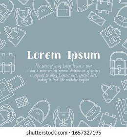 Handbag - card with text and vector outline illustrations of bag, backpack, purse, clutch, luggage, suitcase for graphic design