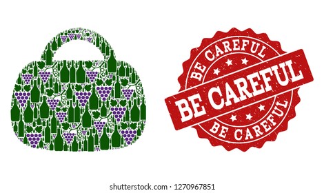 Handbag composition of alcohol bottles and grape and grunge stamp seal. Isolated vectors in green and purple colors on a white background for bars, alcohol shop banners, ads, concepts.