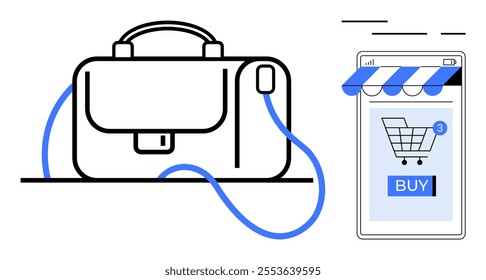 Handbag connected to a smartphone app displaying a shopping cart and buy button. Ideal for e-commerce, online retail, shopping convenience, fashion sales, digital marketing. Modern, clean design