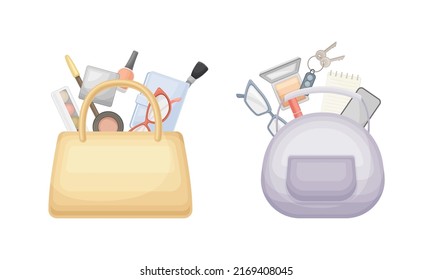 Handbag With Different Stuff And Female Accessories Inside Vector Set