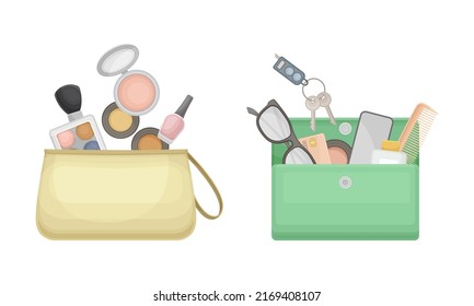 Handbag with Different Stuff and Female Accessories Inside Vector Set