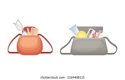Handbag with Different Stuff and Female Accessories Inside Vector Set