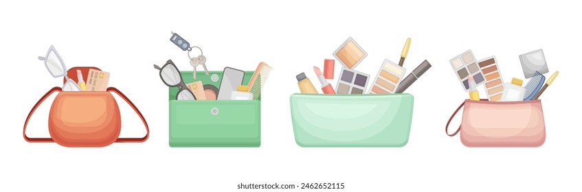 Handbag with Different Stuff and Female Accessories Inside Vector Set