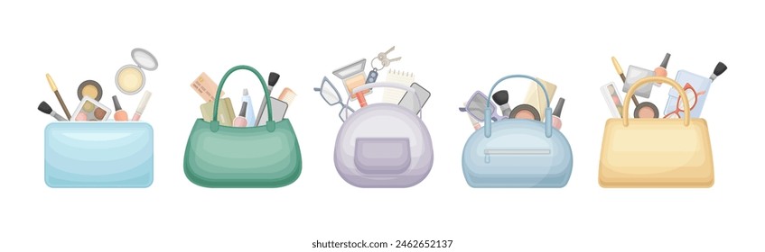 Handbag with Different Stuff and Female Accessories Inside Vector Set