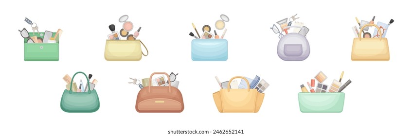 Handbag with Different Stuff and Female Accessories Inside Vector Set