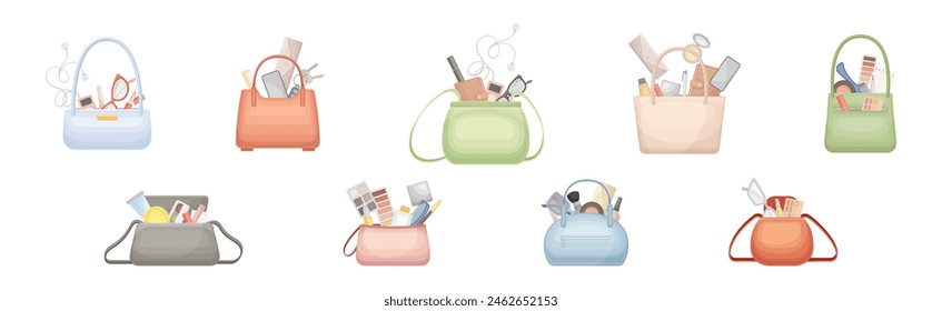 Handbag with Different Stuff and Female Accessories Inside Vector Set