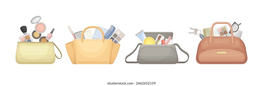 Handbag with Different Stuff and Female Accessories Inside Vector Set