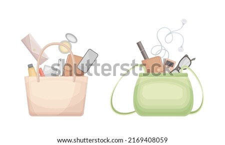 Handbag with Different Stuff and Female Accessories Inside Vector Set