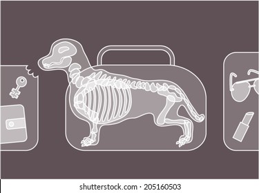 Handbag with a dog chewing luggage under xray on security control. 