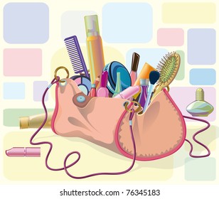 handbag filled with objects of his care and cosmetics. Objects do not cut to form bags, can be used separately