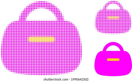 Handbag halftone dotted icon. Halftone array contains round dots. Vector illustration of handbag icon on a white background.