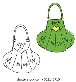 Handbag. Hand drawn doodle. Black and white and colored version. Vector illustration.