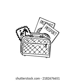 Handbag, hand luggage, hand-drawn in sketch style. Baggage with passports and brand of exotic countries. Tourism. Vacation. Summer. Trips to tropical countries. Palms.