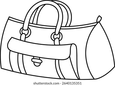 A handbag with handles and a clasp drawn in clean lines. The accessory is depicted in a simple outline style. Cartoon vector illustration.
