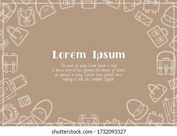 Handbag - horizontal card with text and vector outline illustrations of bag, backpack, purse, clutch, luggage, suitcase for graphic design