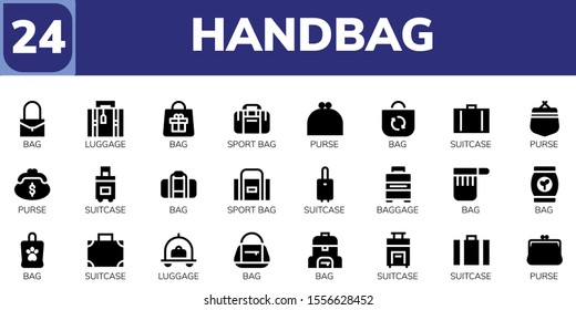 handbag icon set. 24 filled handbag icons.  Simple modern icons about  - Bag, Luggage, Sport bag, Purse, Suitcase, Baggage