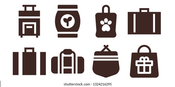 handbag icon set. 8 filled handbag icons.  Collection Of - Suitcase, Bag, Purse