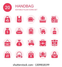 handbag icon set. Collection of 20 filled handbag icons included Bag, Purse, Luggage, Hand bag, Belt pouch, Handbag