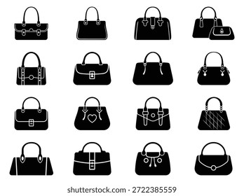 Conjunto de iconos de bolso que muestra múltiples bolsos de mujer con asas y cierres, adecuados para moda, compras y uso de accesorios.