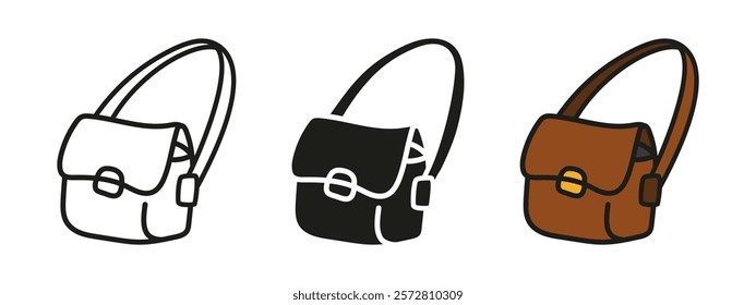 Handbag icon. Shoulder bag with strap vector illustration. Cross body clutch symbol. Leather lady bag sign. Fashion handle baggage pictogram. Purse or shopper brown isolated concept.