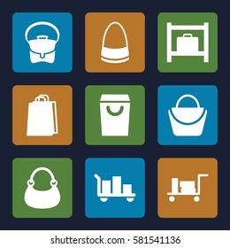 handbag icons set. Set of 9 handbag filled icons such as luggage, luggage storage, woman bag, bag