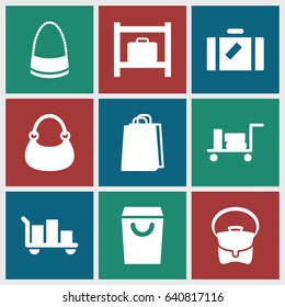 Handbag icons set. set of 9 handbag filled icons such as luggage, luggage storage, bag