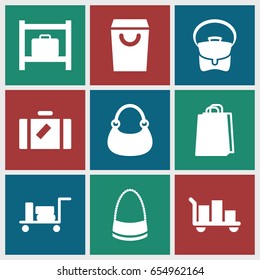 Handbag icons set. set of 9 handbag filled icons such as luggage, luggage storage, bag