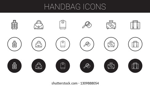 handbag icons set. Collection of handbag with suitcase, hand bag, luggage, bag. Editable and scalable handbag icons.