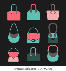 Handbag icons set in a modern flat style. Vector illustration in pink, mint and green colors isolated on a dark grey background. Fashion and accessories creative concept.