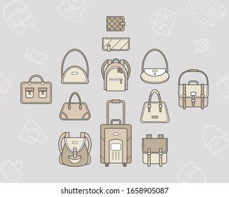 Handbag Icons set - Vector color symbols and outline of bag, backpack, purse, clutch, luggage, suitcase for the site or interface