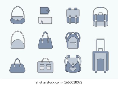 Handbag Icons set - Vector color symbols of bag, backpack, purse, clutch, luggage, suitcase for the site or interface