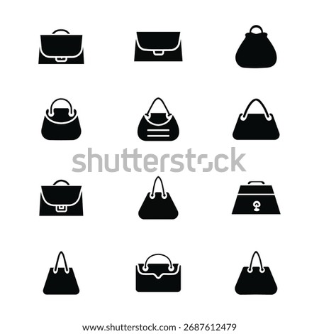 Handbag Icons Set Vector – Modern Fashion Bag, Purse, Tote, Satchel, and Briefcase Silhouettes Collection.