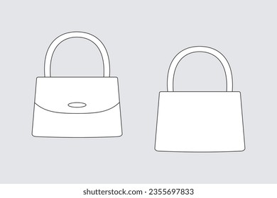 Bolso de mano, maleta de damas plantilla vectorial aislada en blanco. Juego de esbozos de modelos de ropa. Esquema para el diseño de ropa de moda. Vista frontal y posterior.