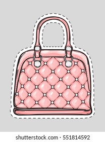 Handbag patch with handle, clips isolated in flat style. Bag with squares. Elegant pink rouge leather bag. Editable female accessory object. Modern trendy casual sack. Luxury case. Vector illustration
