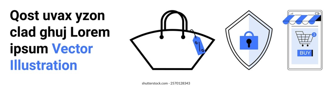 Handbag with price tag, security shield with padlock, shopping cart symbol on smartphone. Ideal for e-commerce, online shopping, cybersecurity, retail, digital marketing. Banner for landing page