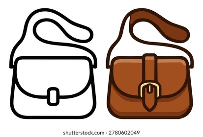 Handbag and purse vector icon set with outline and brown leather accessory styles on transparent background