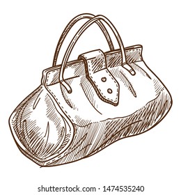 Handbag retro bag or valise isolated object sketch vector female accessory with handles and belt purse monochrome drawing vintage fashion design textile. or fabric garment or clothing element