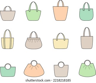 Handbag set flat sketch. Bag apparel design. Front view. Women CAD mockup. Fashion technical drawing template. Vector illustration.