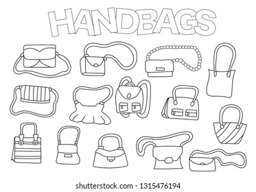 Handbag set of icons and objects. Hand drawn doodle luxury fashion purse accessories design concept. Black and white outline coloring page game. Monochrome line art. Vector illustration.