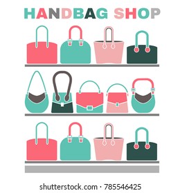 Handbag shop image in a modern flat style. Vector illustration in pink, mint and green colors isolated on a white background. Fashion and accessories creative concept.