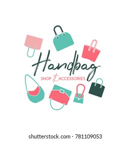 Handbag shop logo in a modern flat style. Vector illustration in pink, mint and green colors isolated on a white background. Fashion and accessories creative concept.