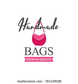 Handbag shop logo. Vector illustration in pink and grey colors isolated on a white background. Fashion and accessories creative concept.