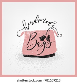 Handbag shop logo in a vintage handmade style. Vector illustration in pink and grey colors isolated on a white background. Fashion and accessories creative concept.