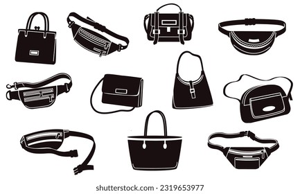 Handbag silhouettes. Luxury black purse and accessories, fashion handbag set for money, wallet and phone. Vector fashion bag collection of handbag luxury silhouette illustration