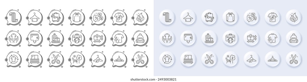 Handbag size, Clean towel and Deckchair line icons. White pin 3d buttons, chat bubbles icons. Pack of Luggage, Wallet, Hoody icon. Baggage belt, Discounts chat, T-shirt design pictogram. Vector