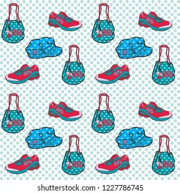 Handbag and sneaker pattern, accessories seamless background. Textile objects.  - Vector